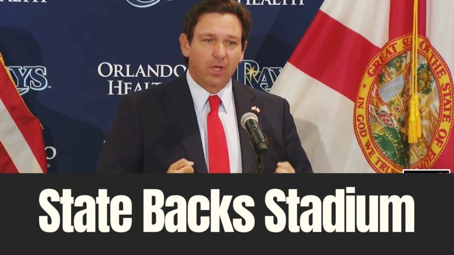 Florida Gov. Ron DeSantis speaks at a news conference at Hillsborough College about a proposed Tampa Bay Rays stadium.