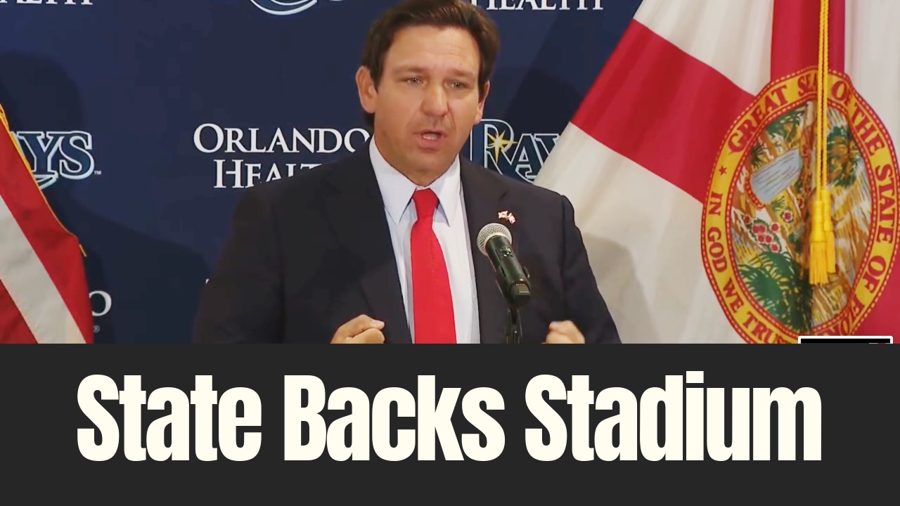 Florida Gov. Ron DeSantis speaks at a news conference at Hillsborough College about a proposed Tampa Bay Rays stadium.