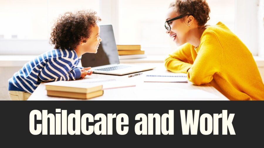A parent and young child sit across from each other at a table with books and a laptop during a childcare or early learning setting.