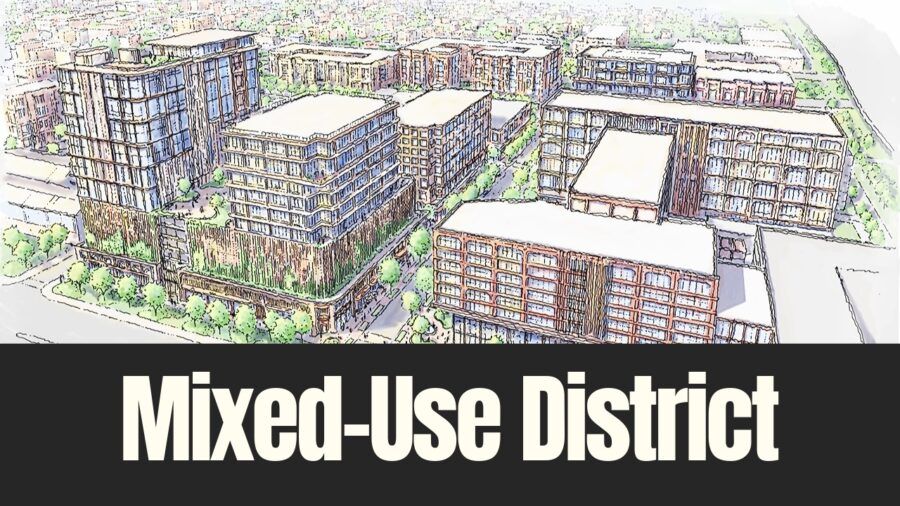 Artist rendering of a proposed mixed-use development with residential and commercial buildings planned for East Ybor City.