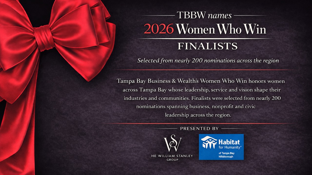 Red ribbon graphic announcing TBBW names 2026 Women Who Win finalists selected from nearly 200 nominations across Tampa Bay, presented by The William Stanley Group and Habitat for Humanity Tampa Bay Hillsborough.