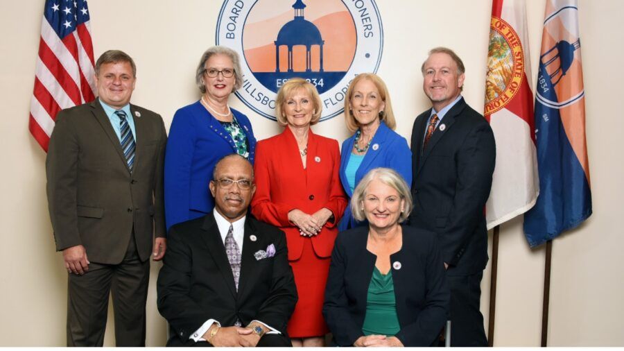 Hillsborough County commissioners meet at the dais during a public session discussing next steps in Rays stadium negotiations.
