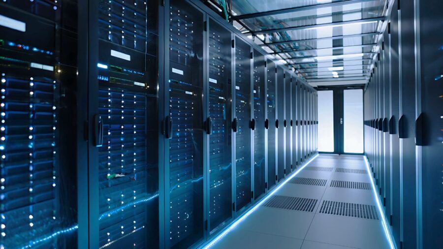 A row of server racks inside a modern data center