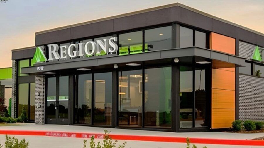 Exterior of a modern Regions Bank branch with the Regions sign above the entrance.