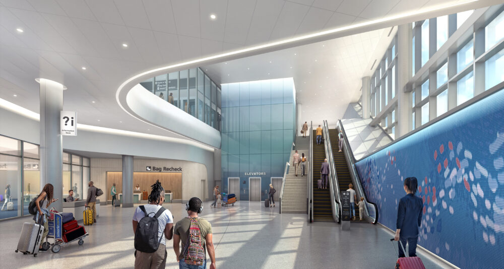 Rendering shows an escalator hall at TPA’s planned Airside D with signage for bag recheck and elevators near the international arrivals area.