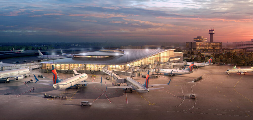 Exterior rendering shows Tampa International Airport’s planned Airside D at sunset with aircraft at gates and the main terminal in the background.