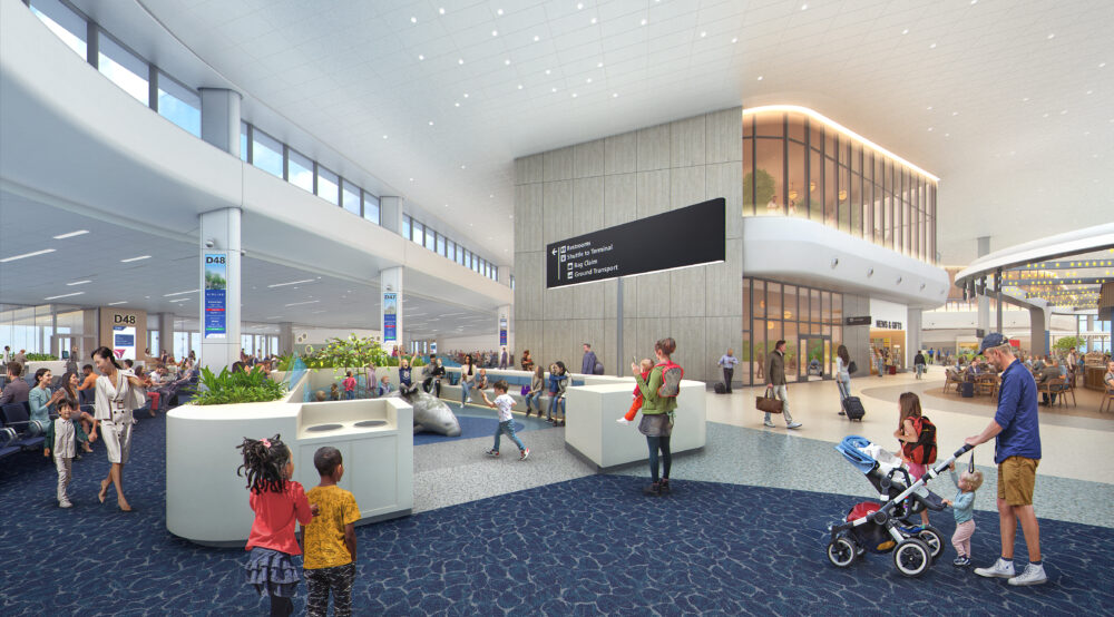 A conceptual rendering shows an overlook view of the planned Airside D concourse at Tampa International Airport, with retail, seating, greenery and a mezzanine lounge.