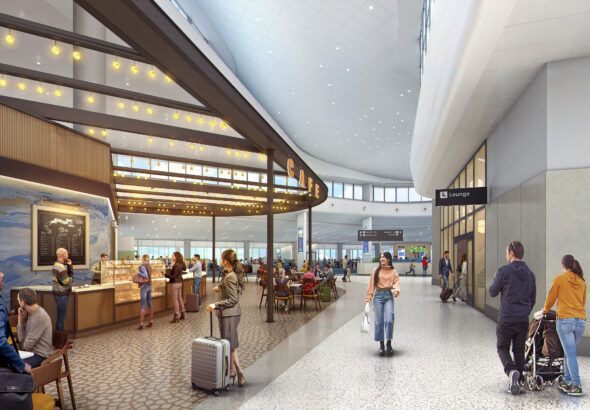 Rendering shows a café and dining area inside TPA’s planned Airside D concourse with seating, retail and gate access nearby.