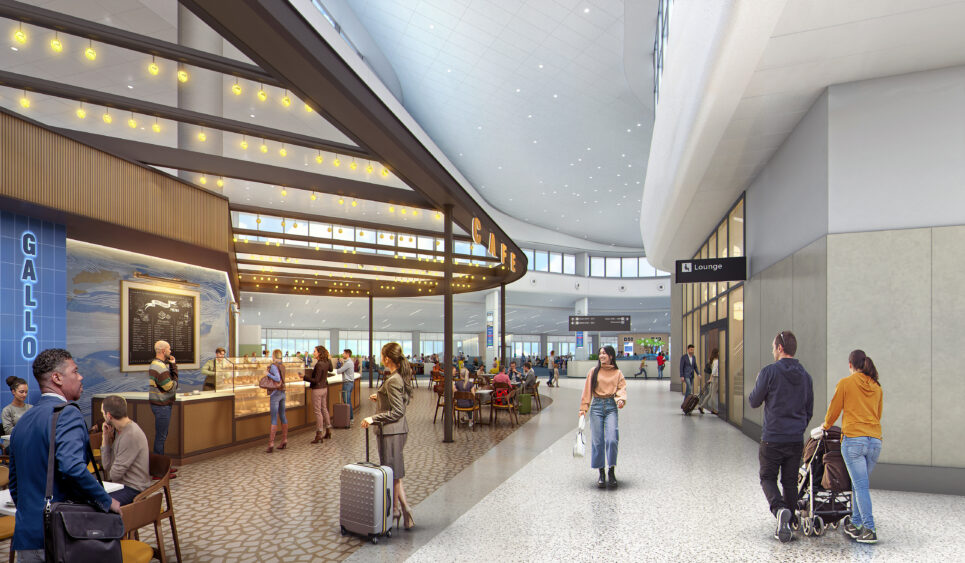 Rendering shows a café and dining area inside TPA’s planned Airside D concourse with seating, retail and gate access nearby.