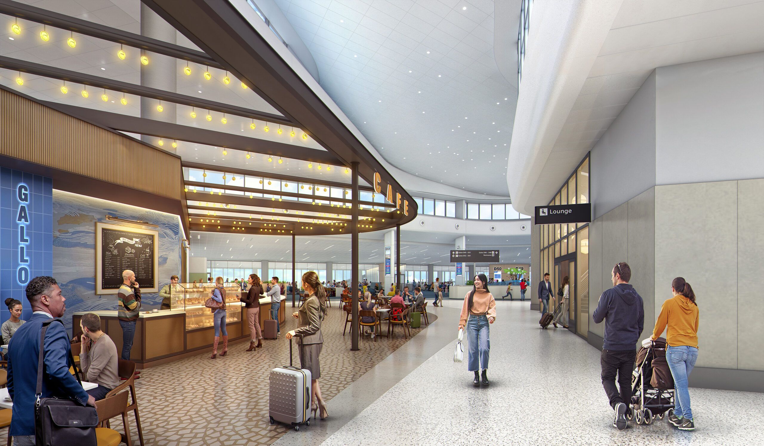 Rendering shows a café and dining area inside TPA’s planned Airside D concourse with seating, retail and gate access nearby.