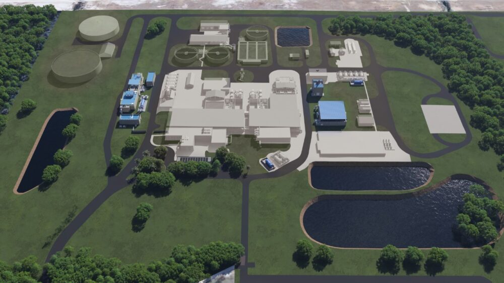 Aerial rendering of Tampa Bay Water’s Regional Surface Water Treatment Plant showing existing facilities and planned expansion areas.