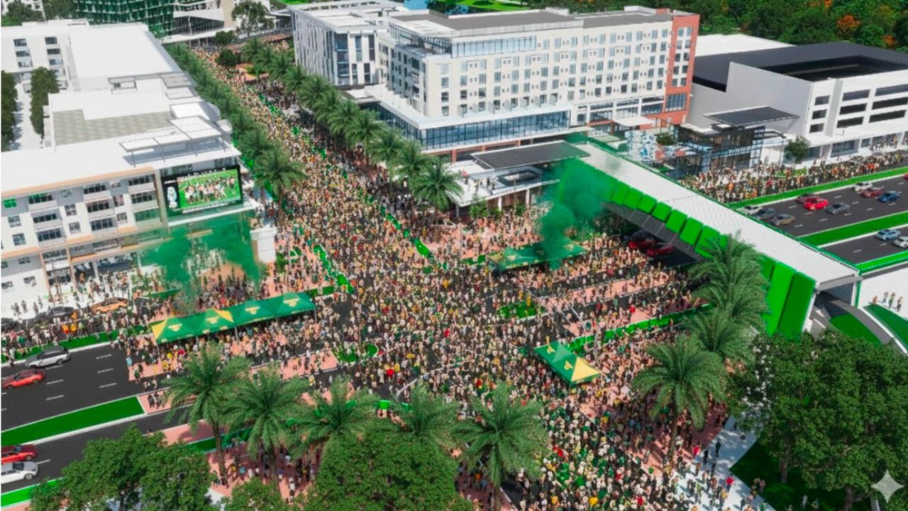 Rendering of USF’s planned Fletcher District showing mixed-use buildings, crowds and a pedestrian bridge across Fletcher Avenue