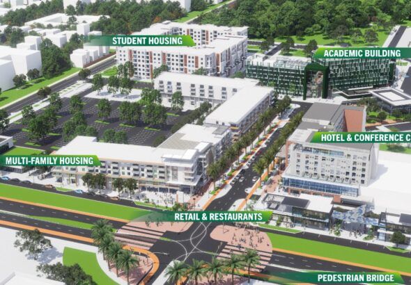 Rendering of USF’s Fletcher District showing student housing, hotel, retail and a pedestrian bridge across Fletcher Avenue