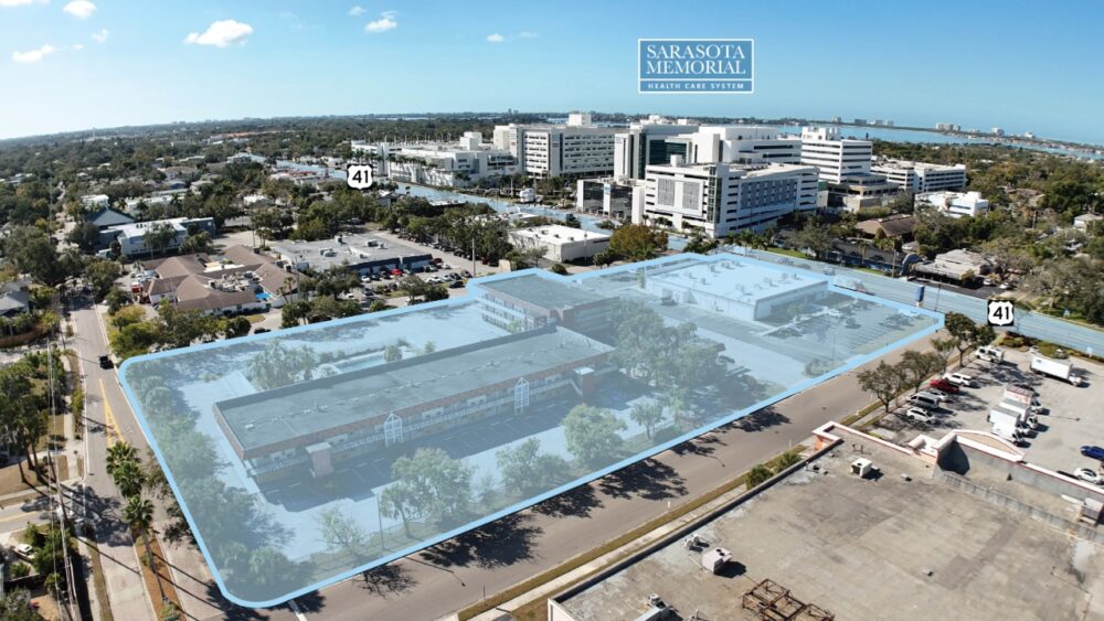 Aerial view of the 3.4-acre redevelopment site along South Tamiami Trail near Sarasota Memorial Hospital