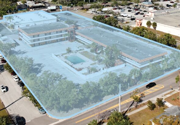 Aerial view of the 3.4-acre redevelopment site at 1425–1427 South Tamiami Trail near Sarasota Memorial Hospital