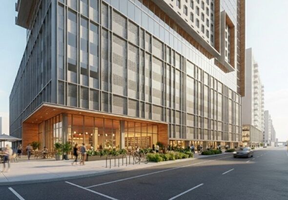 Rendering of mixed-use redevelopment planned for North Downtown Tampa with housing, retail and pedestrian streetscape