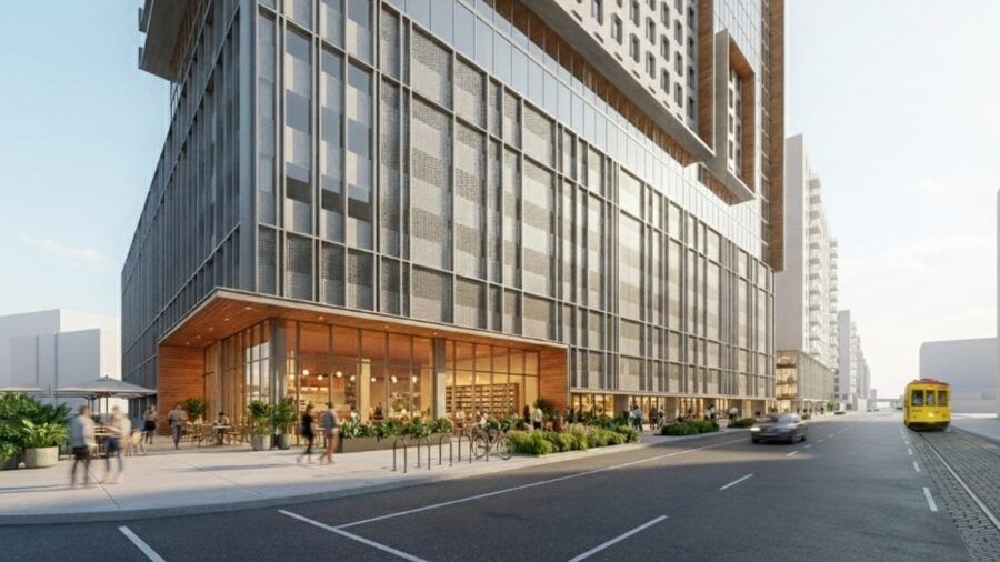Rendering of mixed-use redevelopment planned for North Downtown Tampa with housing, retail and pedestrian streetscape