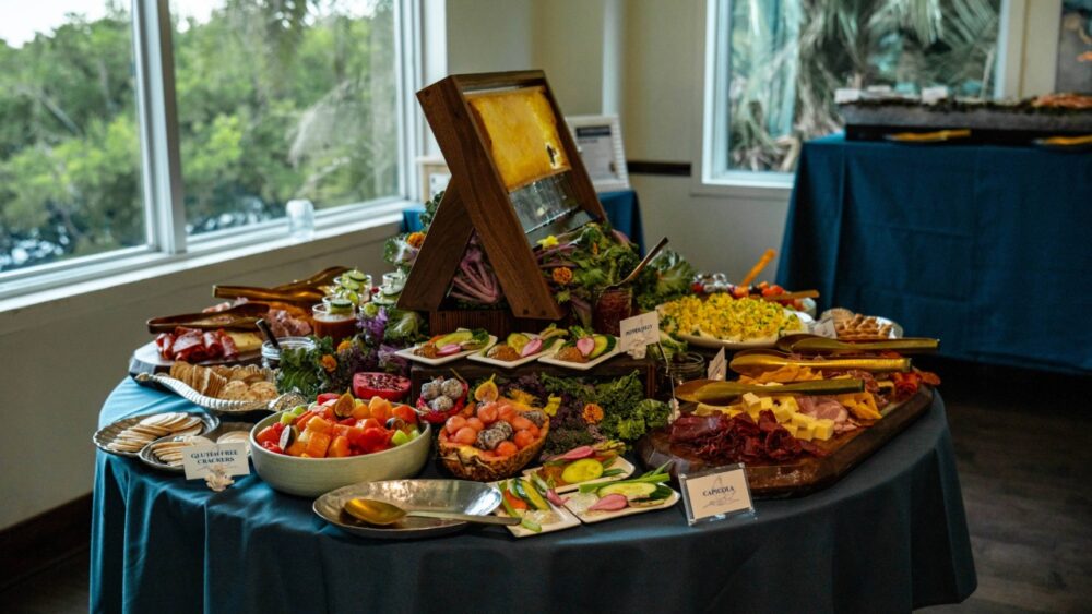 Charcuterie and brunch buffet display at Oystercatchers overlooking Tampa Bay