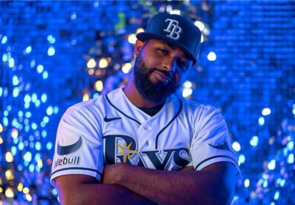 Tampa Bay Rays player wearing jersey with Webull patch on sleeve