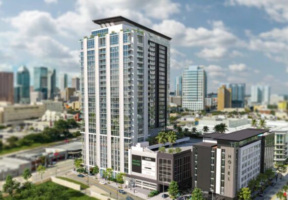 Rendering of DoMo at Cass Square, a mixed-use apartment tower with workforce housing in downtown Tampa