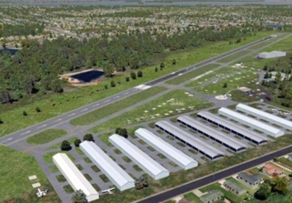 Rendering of Clearwater Executive Airport showing proposed new terminal, hangars, runway and surrounding neighborhood layout