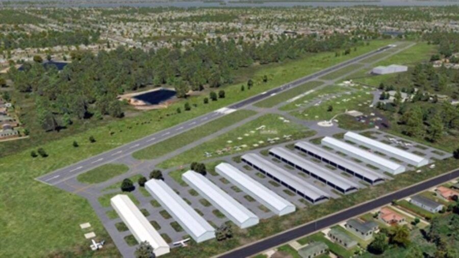 Rendering of Clearwater Executive Airport showing proposed new terminal, hangars, runway and surrounding neighborhood layout