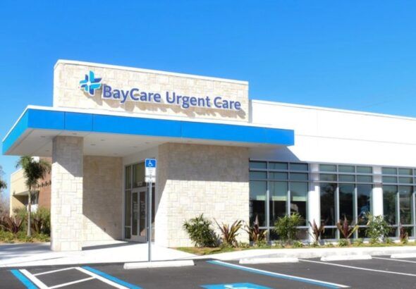 BayCare Urgent Care facility exterior in Plant City with blue signage and parking lot