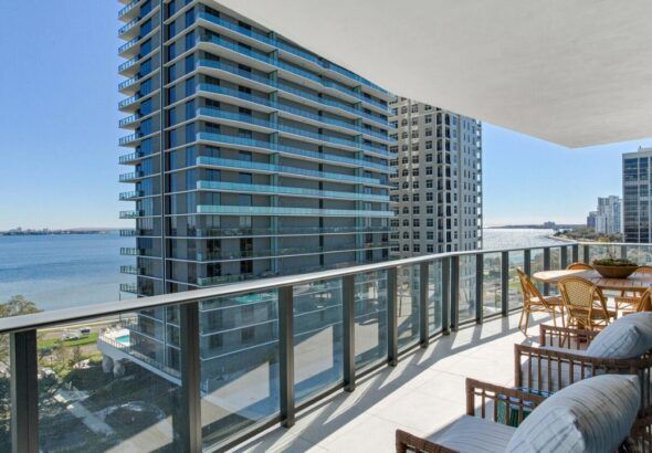Balcony view from Ritz-Carlton Residences Tampa overlooking Hillsborough Bay and Bayshore Drive towers