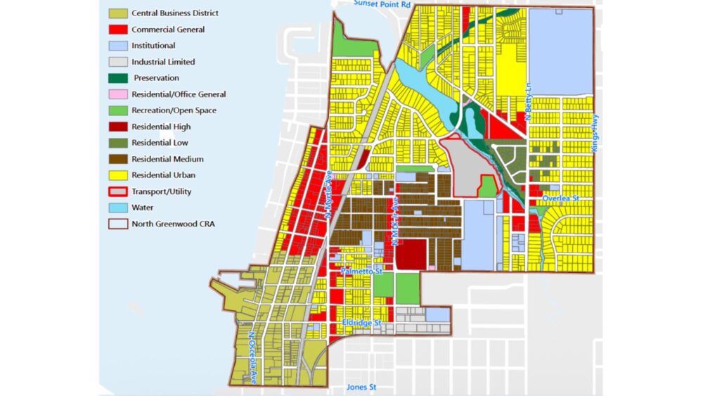Map of North Greenwood CRA in Clearwater showing future land use categories and redevelopment overlay area