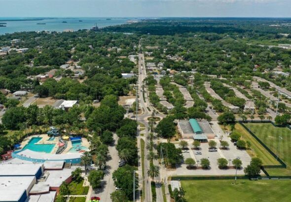 Aerial view of North Greenwood neighborhood in Clearwater showing residential blocks, recreation facilities and surrounding area