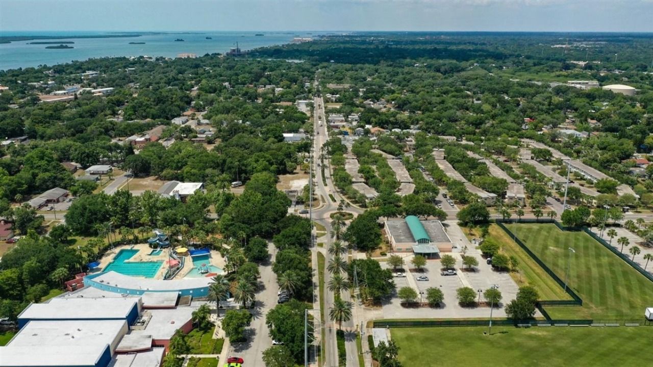 Aerial view of North Greenwood neighborhood in Clearwater showing residential blocks, recreation facilities and surrounding area