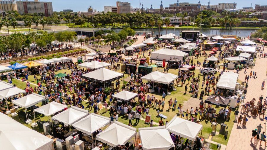 Aerial view of the Tampa Bay Wine & Food Festival Grand Tasting at Curtis Hixon Waterfront Park in downtown Tampa.