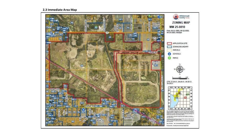 Hillsborough County zoning map showing the Energy Innovation Park application site outlined in red south of State Road 60 near Dover.