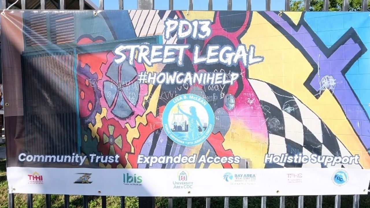 Banner promoting PD13 Street Legal community legal outreach program in Tampa’s University Area