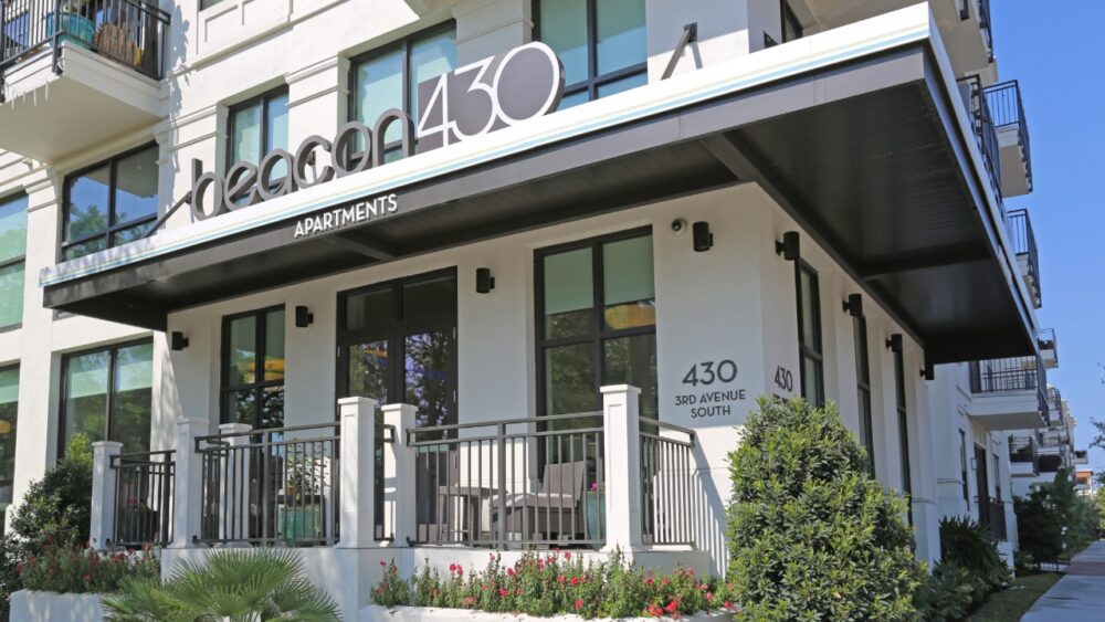 Entrance of Beacon 430 apartments in downtown St. Petersburg