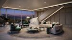 Rendering of the Pendry Residences Tampa penthouse living room with curved staircase, grand piano and floor-to-ceiling windows overlooking Tampa Bay.