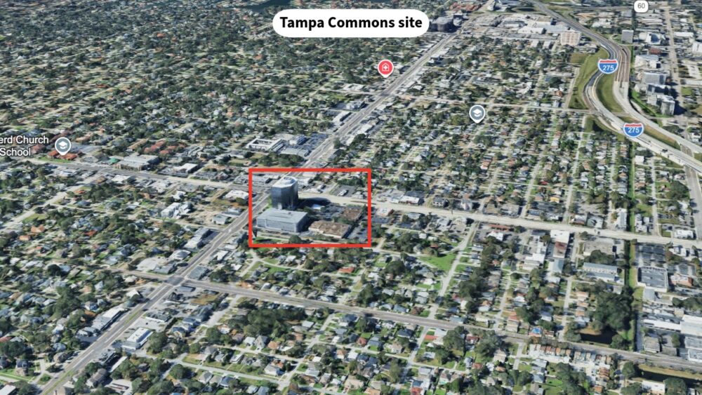 Aerial view of the Tampa Commons site along North Dale Mabry Highway in Tampa, highlighted for a proposed apartment development