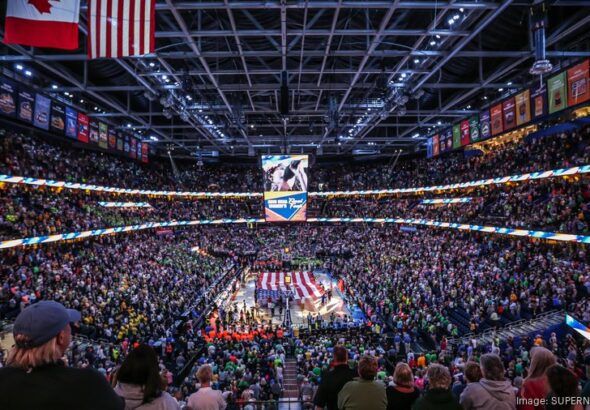 Fans fill Amalie Arena in Tampa during the NCAA Women’s Final Four basketball championship.