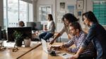 Office workers collaborate around a laptop in a modern workspace