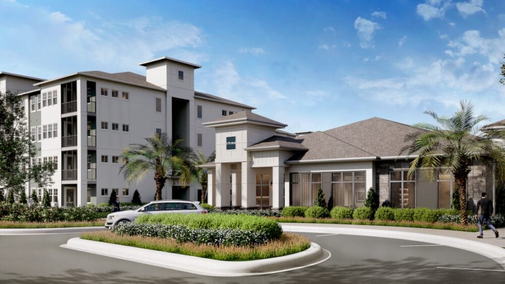 Rendering of Charleston Ridge Apartments clubhouse and four-story buildings in New Port Richey