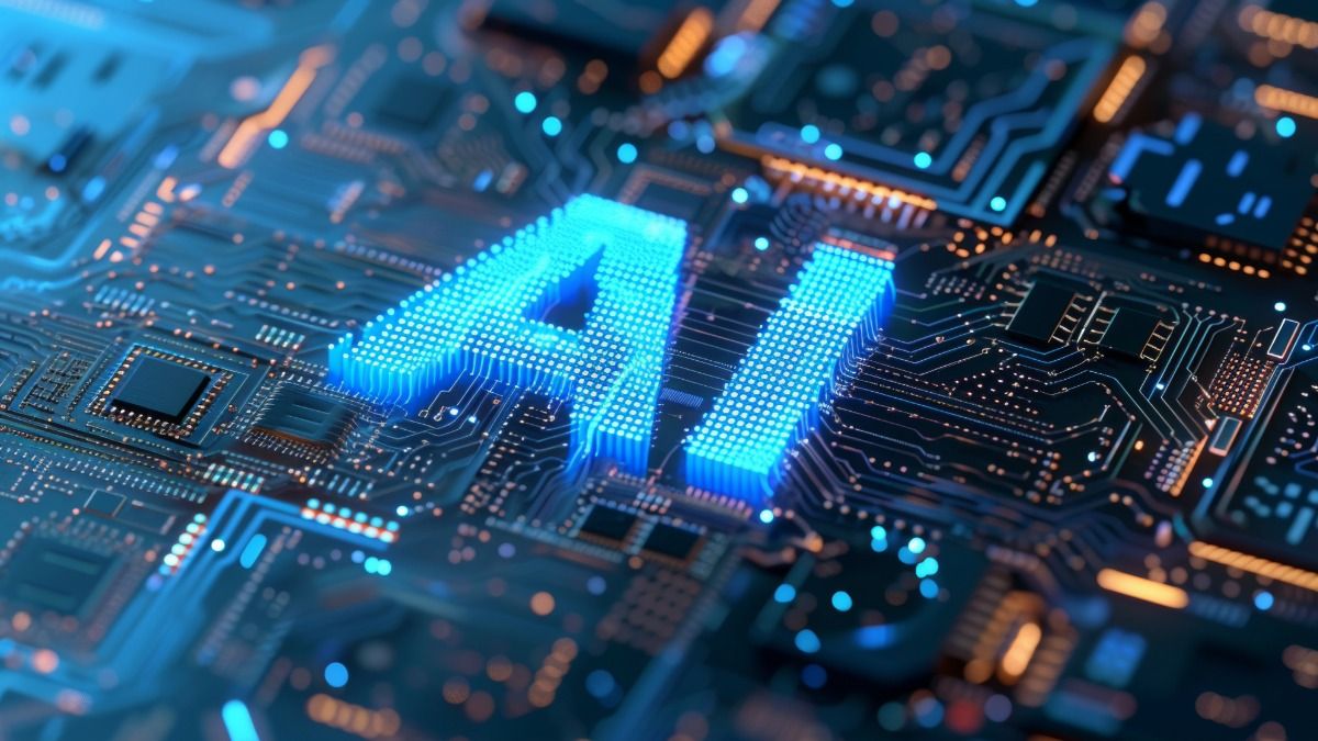 Close-up of circuit board with glowing AI lettering representing artificial intelligence technology
