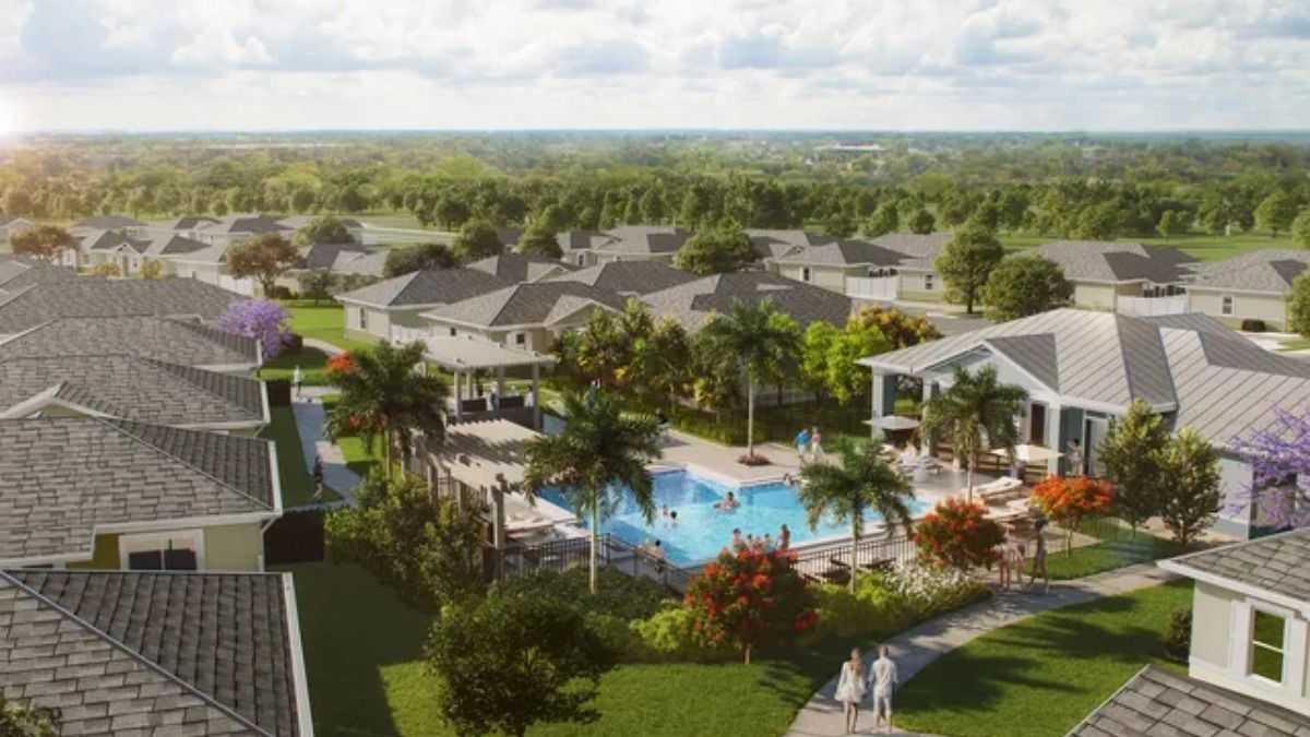 Rendering of affordable housing community with pool and clubhouse in Venice