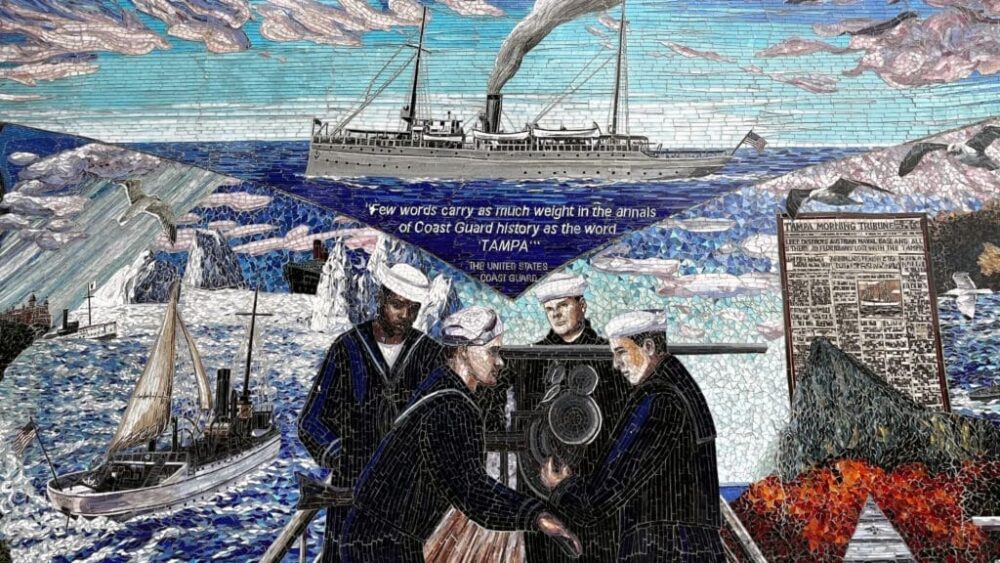 The U.S. Coast Guard Cutter Tampa mosaic mural is seen outside the Tampa Bay History Center facing Cotanchobee Fort Brooke Park in Tampa, Fla. (Billy Somerville/Tampa Bay History Center)