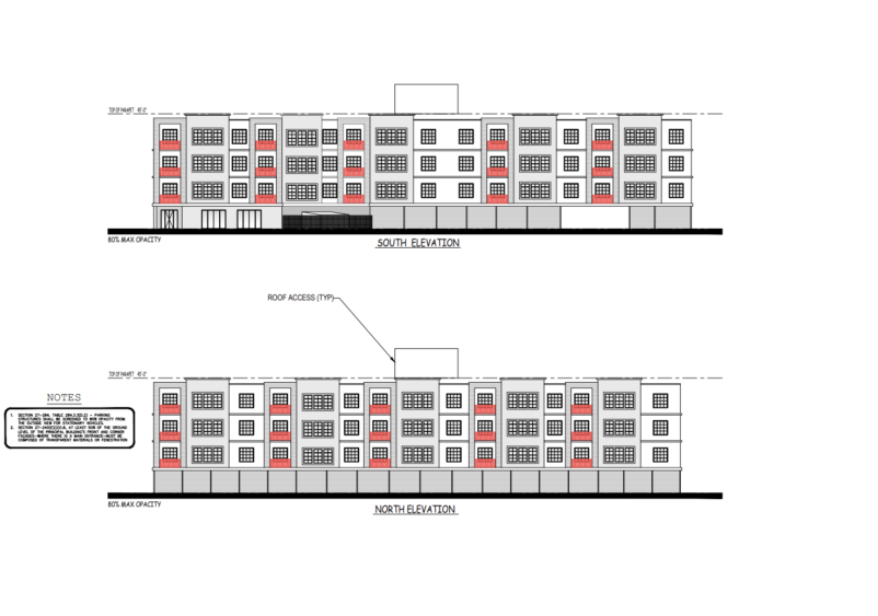Architectural elevations showing a four-story mixed-use building proposed for 3101 N Nebraska Ave