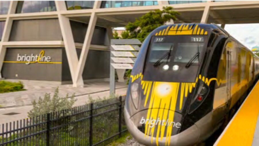 Brightline train at station platform representing passenger rail service in Florida
