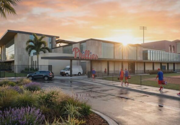 Rendering of Phillies player development complex entrance at sunset
