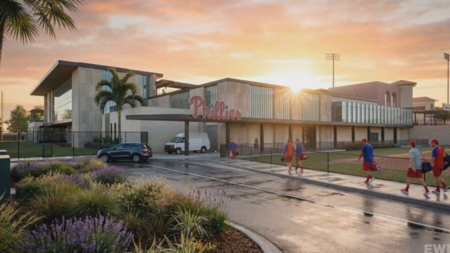 Rendering of Phillies player development complex entrance at sunset