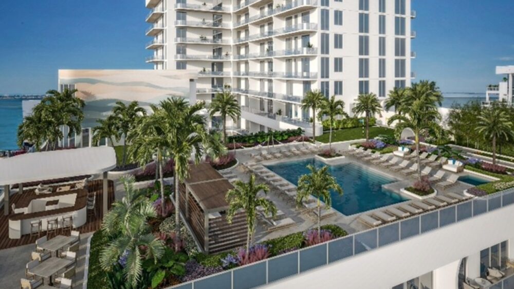 Rendering of Saravela condo pool deck and outdoor amenities in downtown Sarasota