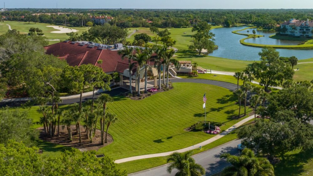 Aerial view of TPC Prestancia golf course and clubhouse in Sarasota