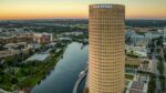 Rivergate Tower, known as the Beer Can Building, along the Hillsborough River in downtown Tampa